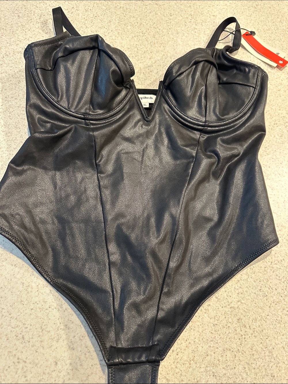 Black Faux-Leather One-Piece Bodysuit with Molded Cups